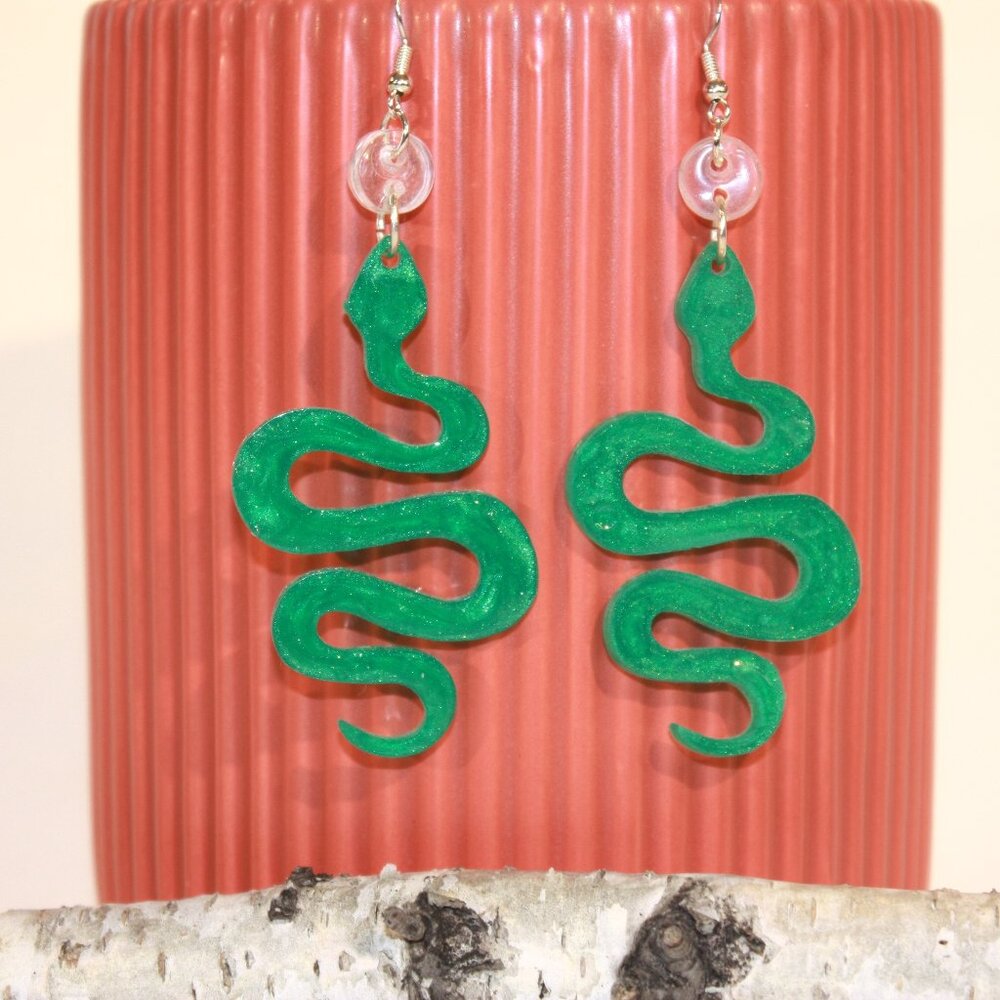 Green Glitter Snake Earrings Hand Crafted